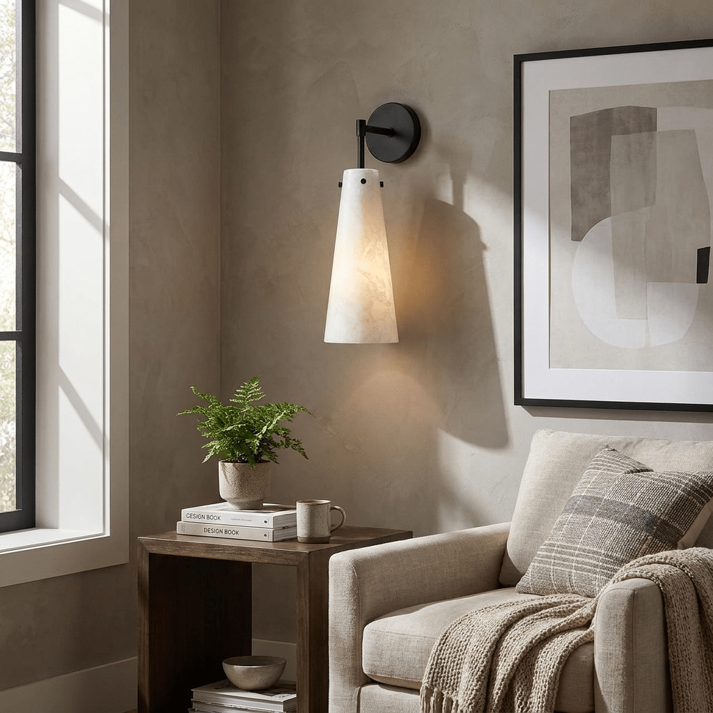 Aurelia Alabaster Cone Wall Sconce — additional product view, an elongated stone cone on a refined metal wall arm (view 3)