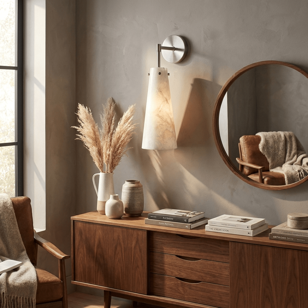 Aurelia Alabaster Cone Wall Sconce — additional product view, an elongated stone cone on a refined metal wall arm (view 4)