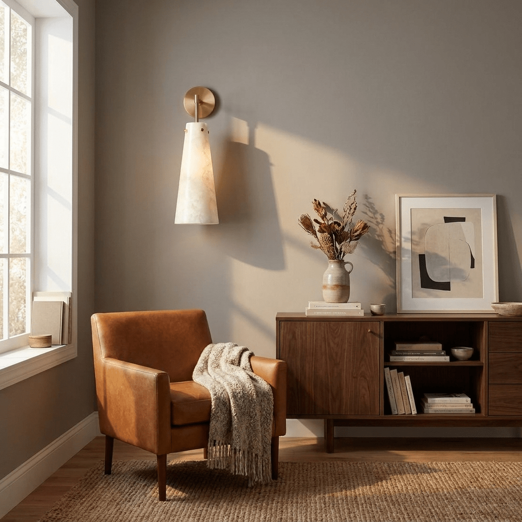 Aurelia Alabaster Cone Wall Sconce — additional product view, an elongated stone cone on a refined metal wall arm (view 5)