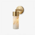 Aurelia Alabaster Cylinder Wall Sconce — full fixture profile, a cylindrical stone shade carried by a compact wall arm (view 1)