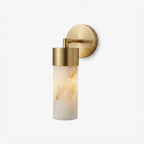Aurelia Alabaster Cylinder Wall Sconce — full fixture profile, a cylindrical stone shade carried by a compact wall arm (view 1)