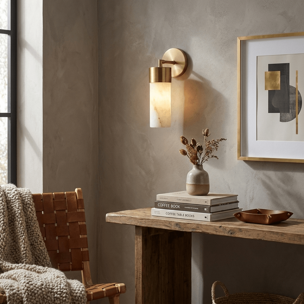 Aurelia Alabaster Cylinder Wall Sconce — product setting and fixture profile, a cylindrical stone shade carried by a compact wall arm (view 2)