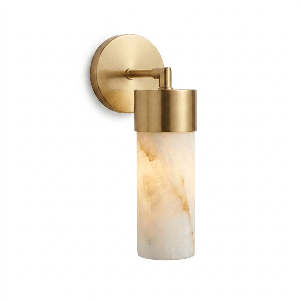 Aurelia Alabaster Cylinder Wall Sconce — additional product view, a cylindrical stone shade carried by a compact wall arm (view 4)