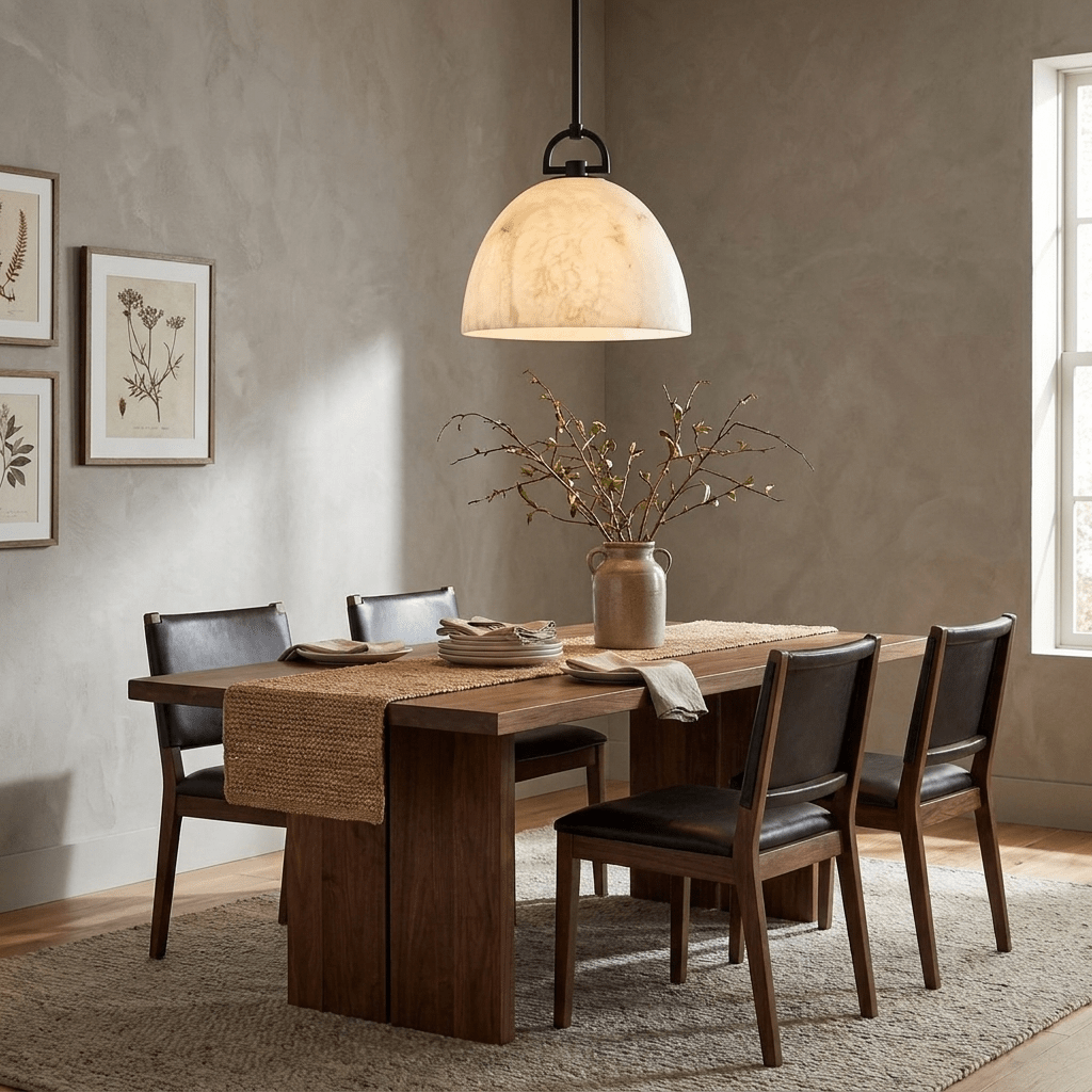 Aurelian Alabaster Dome Pendant Light — product setting and fixture profile, a bell-shaped stone dome beneath an arched suspension fitting (view 2)