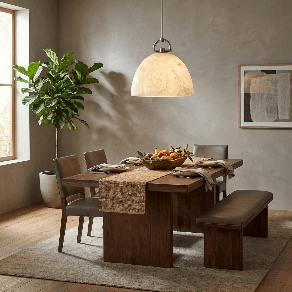 Aurelian Alabaster Dome Pendant Light — additional product view, a bell-shaped stone dome beneath an arched suspension fitting (view 3)