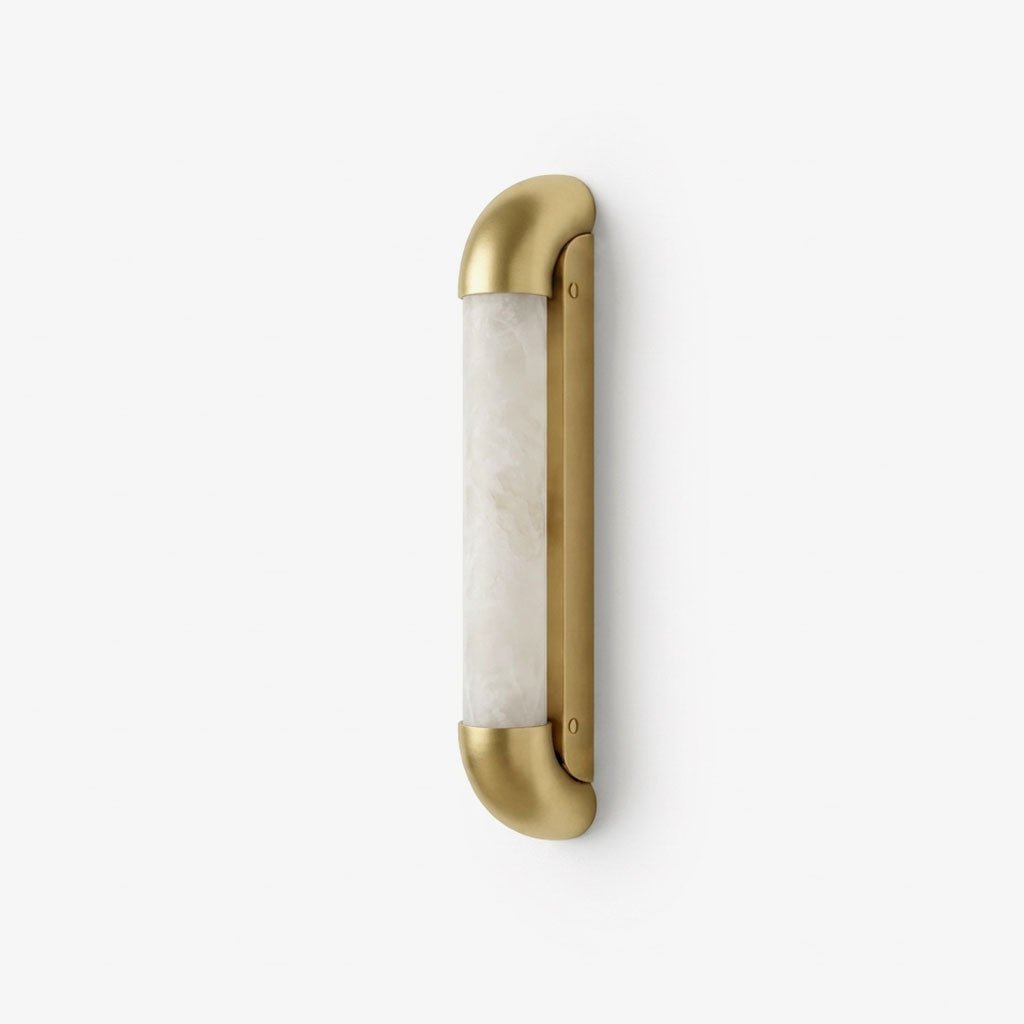 Auren Alabaster LED Wall Sconce — full fixture profile, a cylindrical stone shade within a rounded metal frame (view 1)