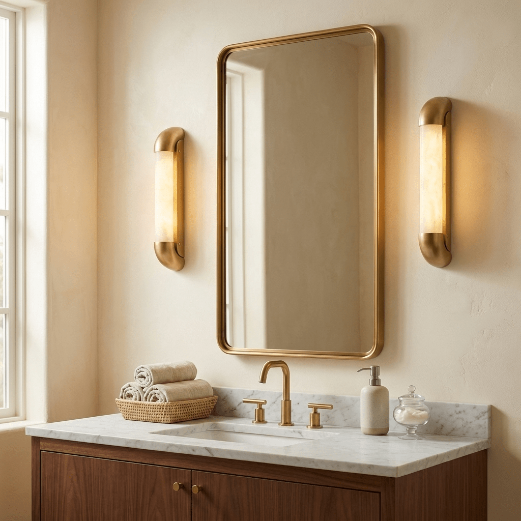Auren Alabaster LED Wall Sconce — product setting and fixture profile, a cylindrical stone shade within a rounded metal frame (view 2)