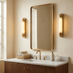 Auren Alabaster LED Wall Sconce — product setting and fixture profile, a cylindrical stone shade within a rounded metal frame (view 2)