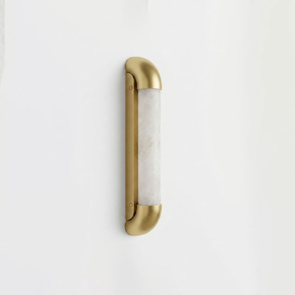 Auren Alabaster LED Wall Sconce — additional product view, a cylindrical stone shade within a rounded metal frame (view 3)