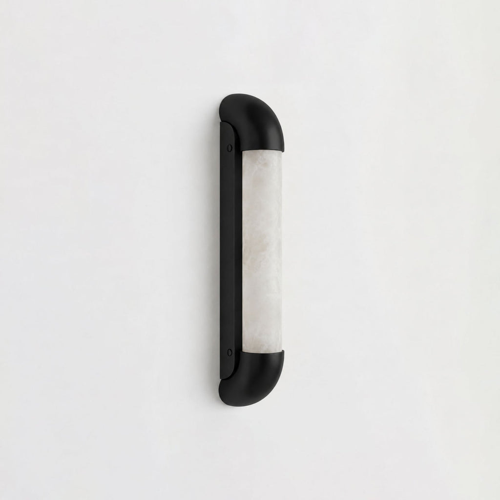 Auren Alabaster LED Wall Sconce — additional product view, a cylindrical stone shade within a rounded metal frame (view 5)