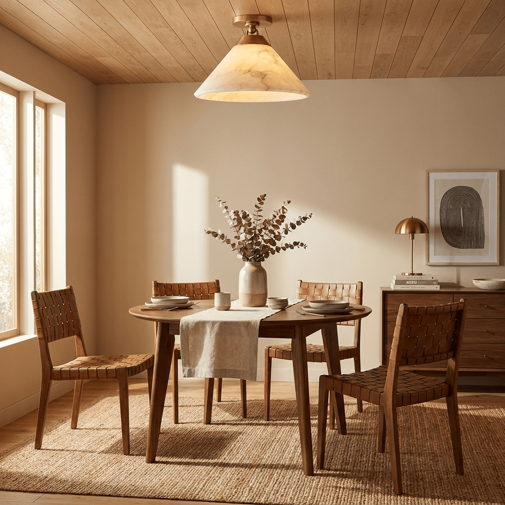 Aveline Alabaster Cone Flush Mount — product setting and fixture profile, a wide stone cone beneath a compact ceiling fitting (view 2)
