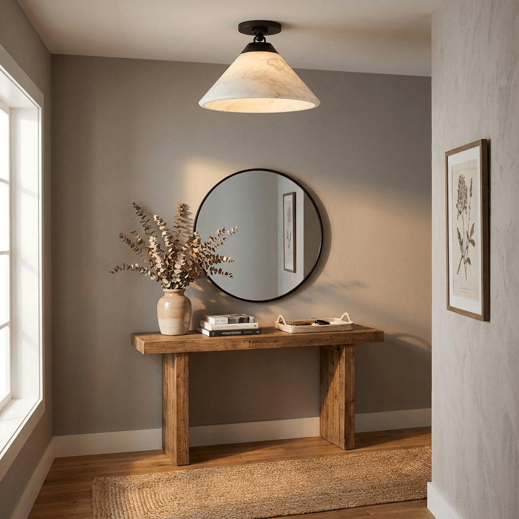 Aveline Alabaster Cone Flush Mount — additional product view, a wide stone cone beneath a compact ceiling fitting (view 4)
