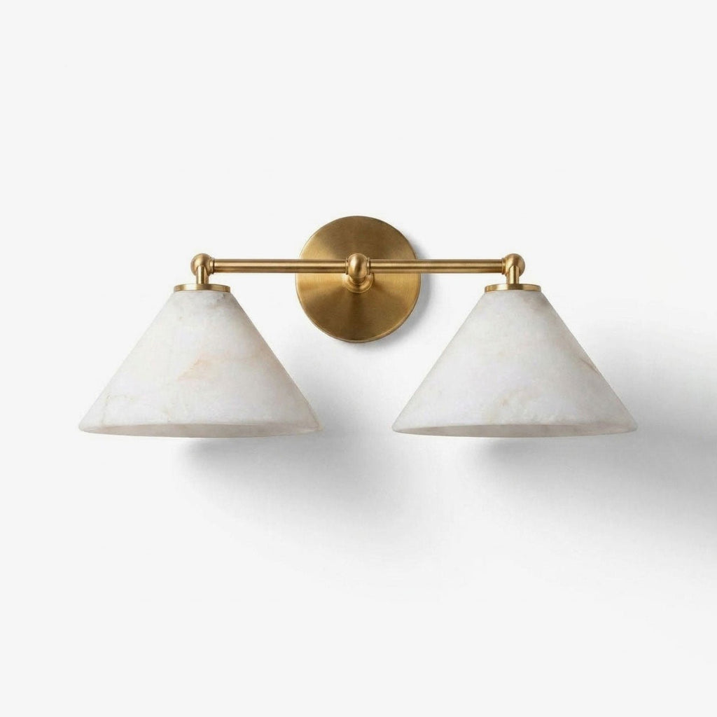 Aveline Alabaster Double Cone Wall Sconce — full fixture profile, two stone cones on a horizontal wall frame (view 1)