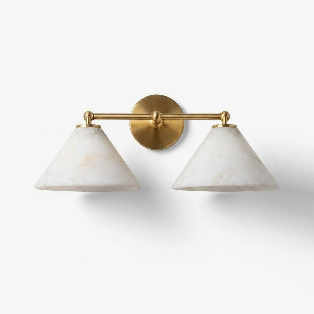 Aveline Alabaster Double Cone Wall Sconce — full fixture profile, two stone cones on a horizontal wall frame (view 1)