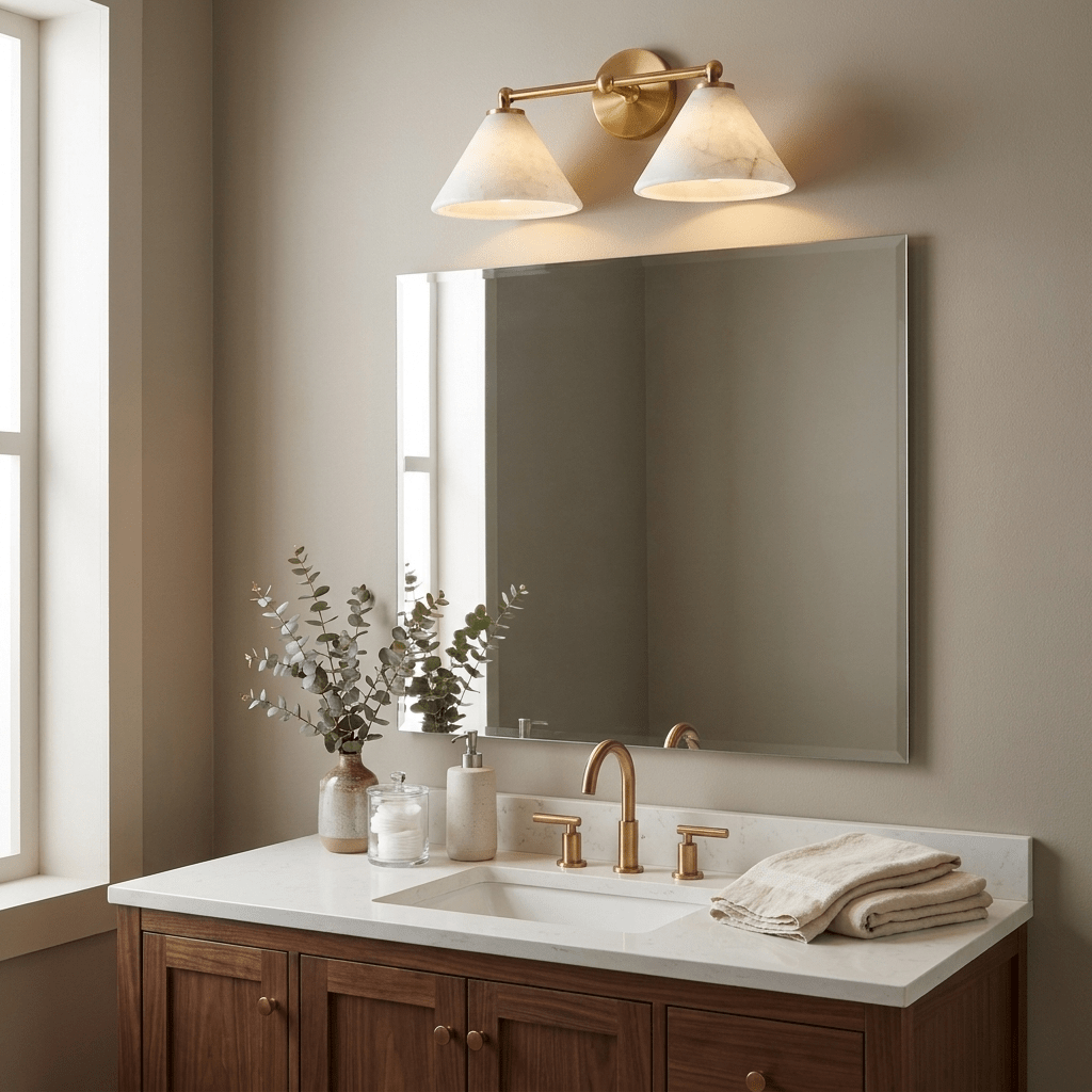 Aveline Alabaster Double Cone Wall Sconce — product setting and fixture profile, two stone cones on a horizontal wall frame (view 2)
