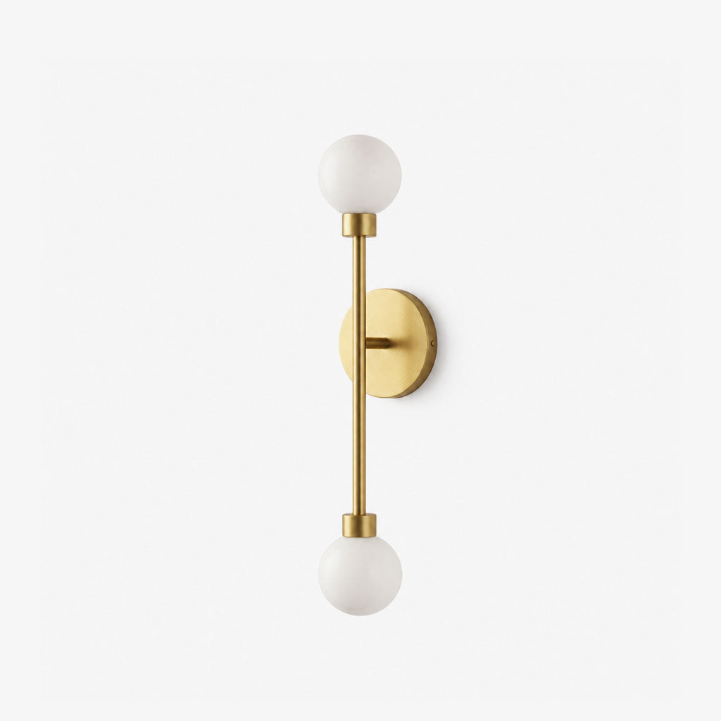 Barbell Alabaster Wall Sconce — full fixture profile, a stone globe at each end of a straight vertical rod (view 1)