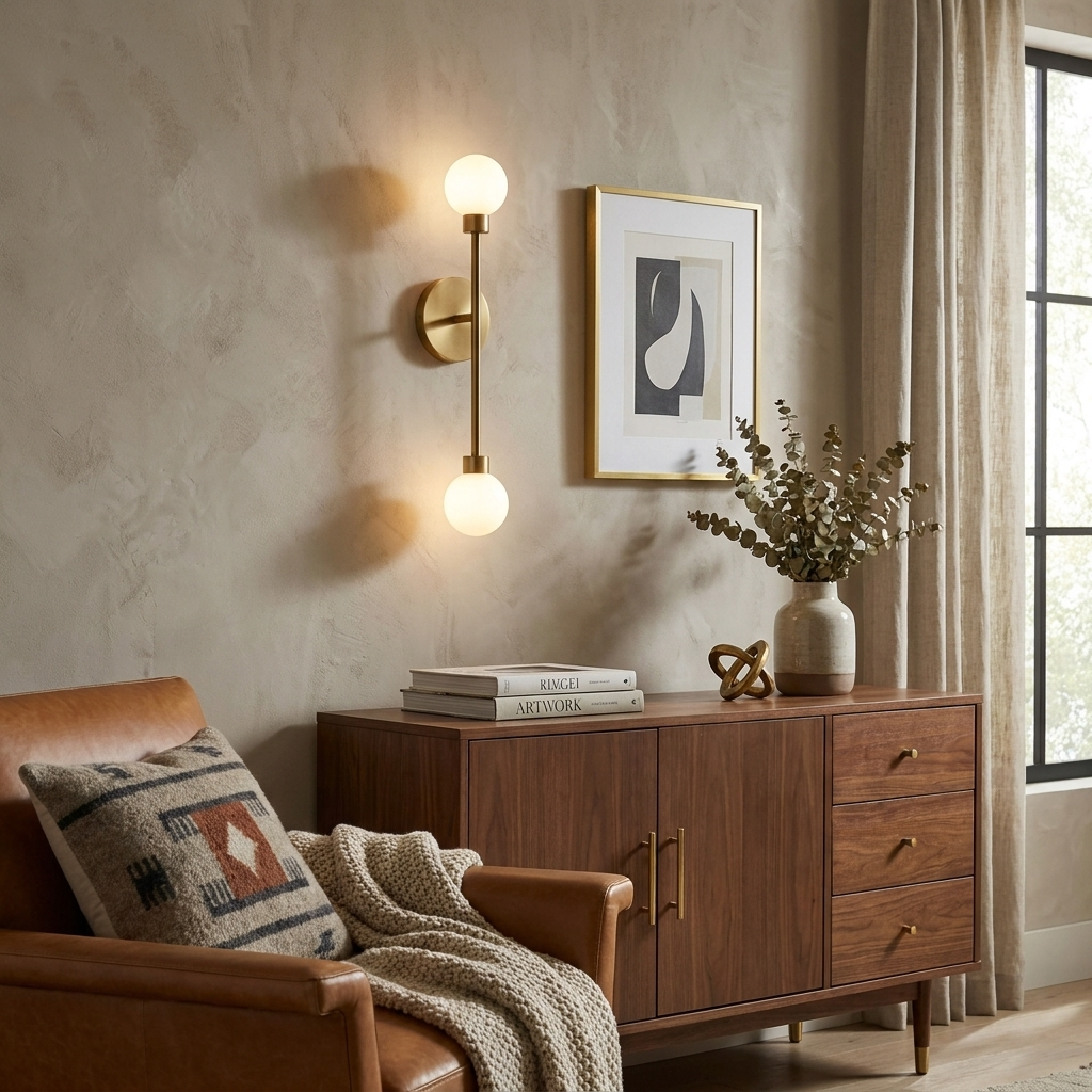 Barbell Alabaster Wall Sconce — product setting and fixture profile, a stone globe at each end of a straight vertical rod (view 2)
