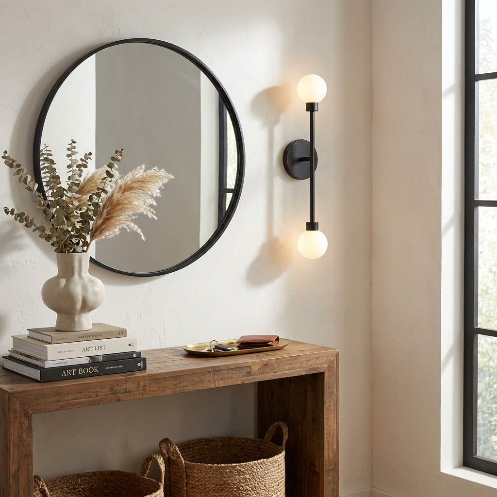 Barbell Alabaster Wall Sconce — additional product view, a stone globe at each end of a straight vertical rod (view 3)