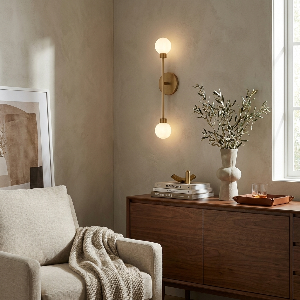 Barbell Alabaster Wall Sconce — additional product view, a stone globe at each end of a straight vertical rod (view 5)