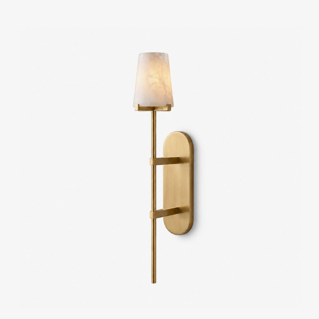 Baton Alabaster Wall Sconce — full fixture profile, a stone cone above a straight rod and oval backplate (view 1)