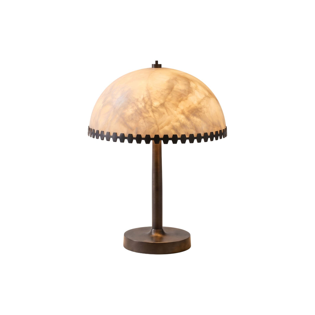 Baxter Alabaster Table Lamp — full fixture profile, a stone dome with geometric bronze-colored trim (view 1)