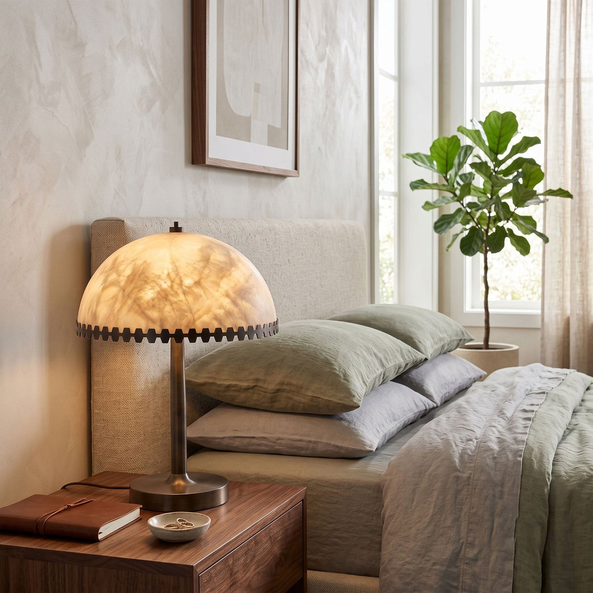 Baxter Alabaster Table Lamp — additional product view, a stone dome with geometric bronze-colored trim (view 3)