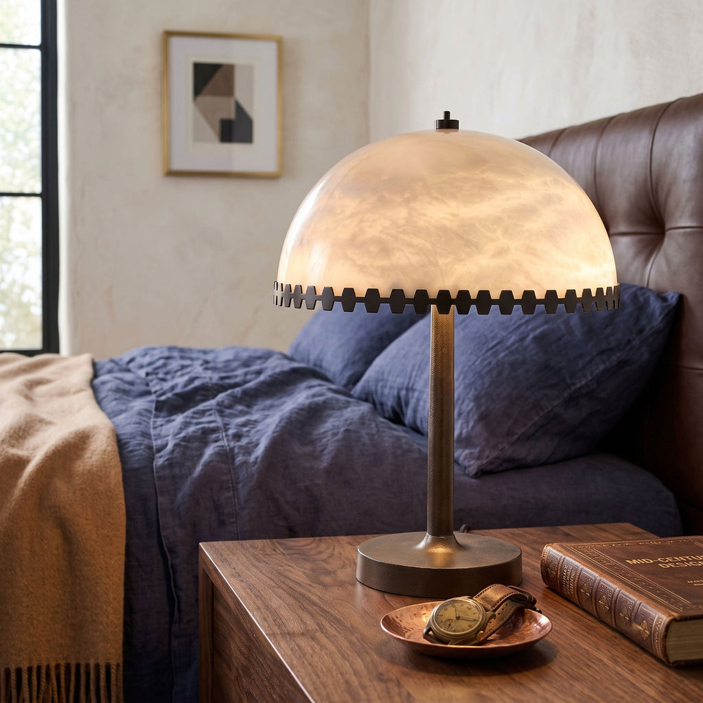 Baxter Alabaster Table Lamp — additional product view, a stone dome with geometric bronze-colored trim (view 4)