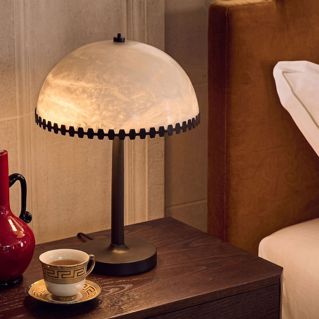 Baxter Alabaster Table Lamp — additional product view, a stone dome with geometric bronze-colored trim (view 5)