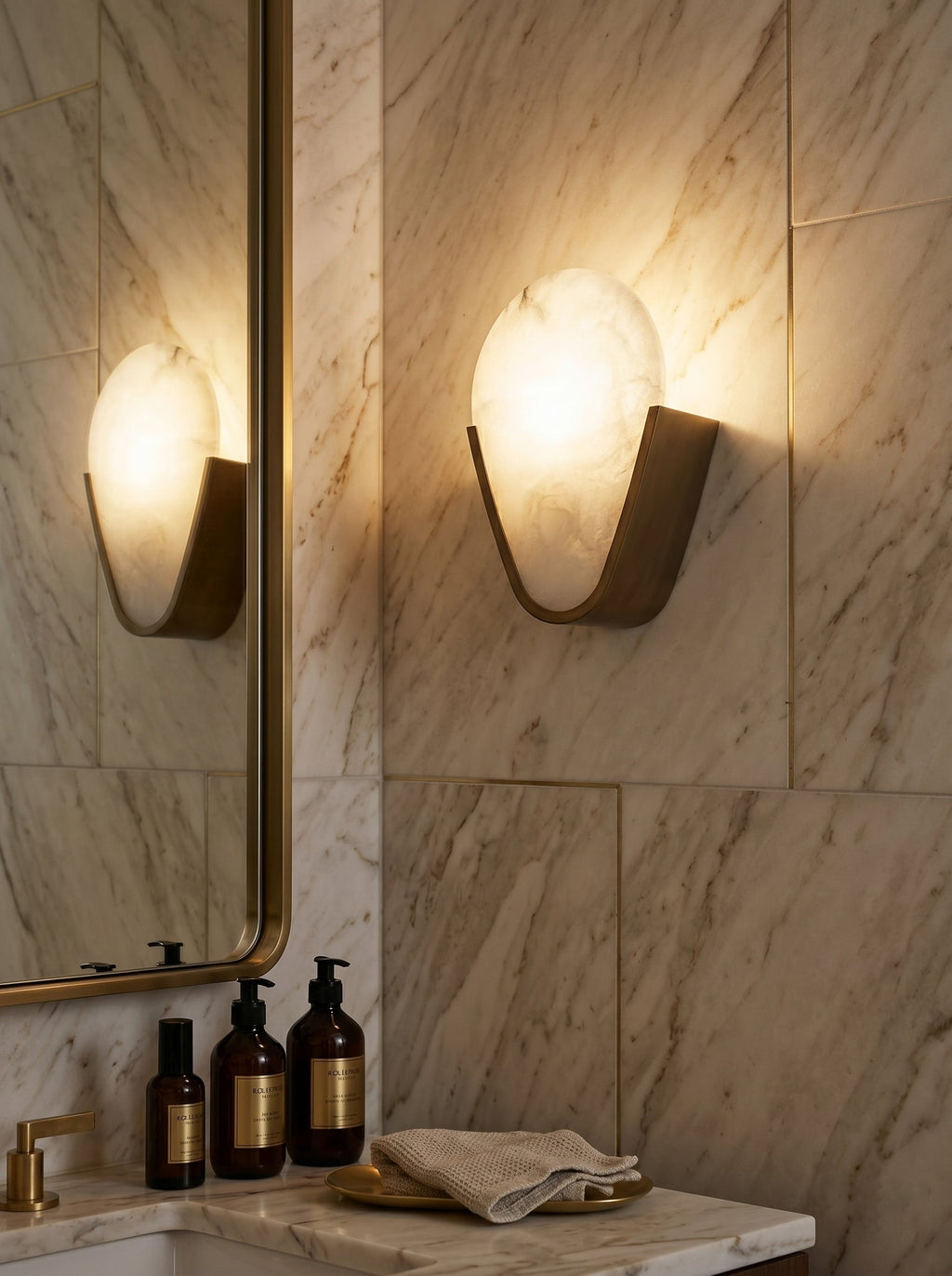 Bernina Alabaster Wall Lamp — product setting and fixture profile, a stone diffuser within a U-shaped metal bracket (view 2)