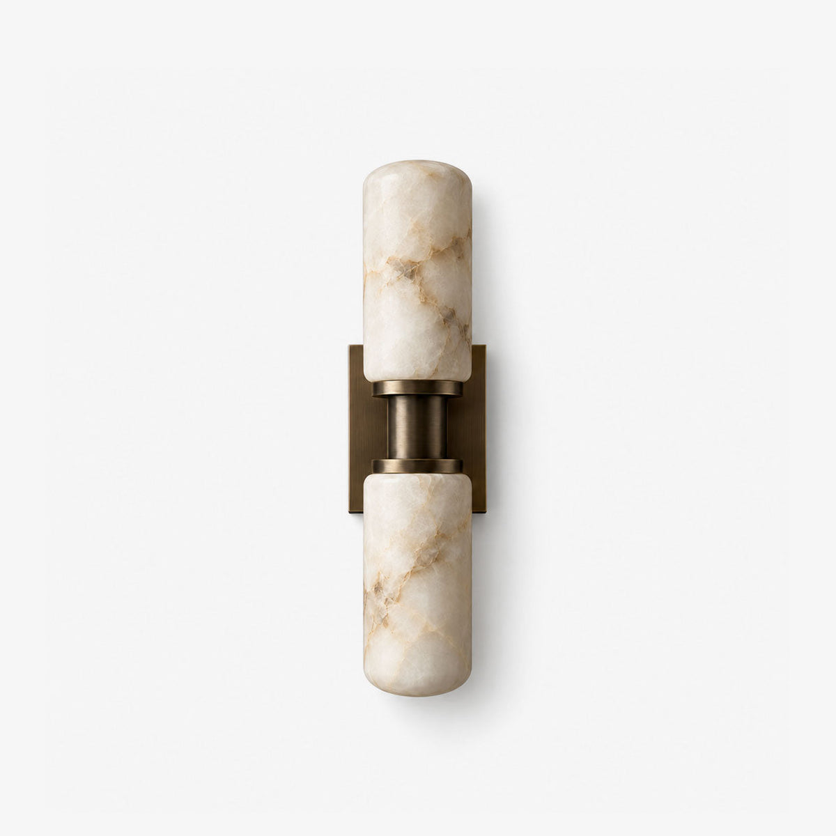 Bobbin Alabaster Wall Sconce — full fixture profile, two rounded stone cylinders joined by a spool-shaped metal hub (view 1)