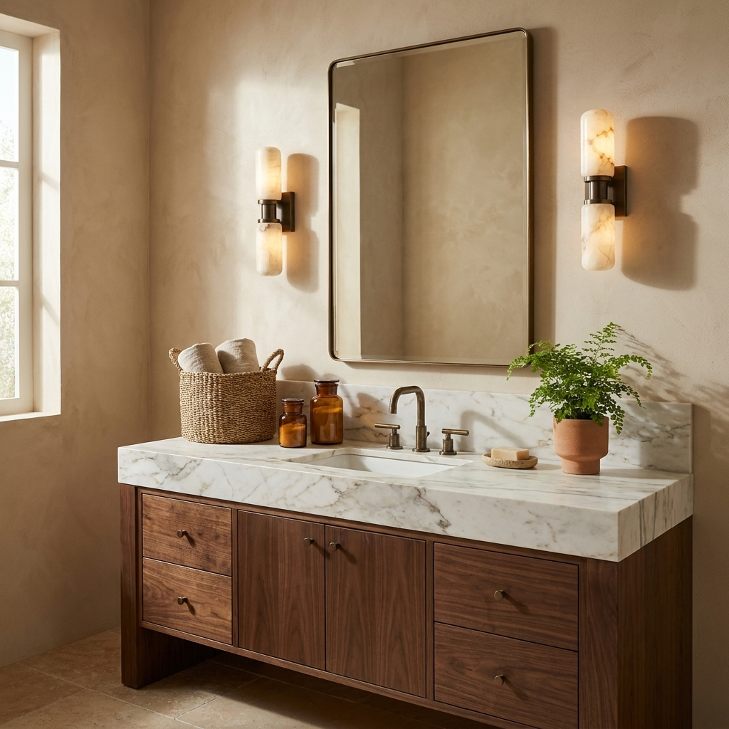 Bobbin Alabaster Wall Sconce — product setting and fixture profile, two rounded stone cylinders joined by a spool-shaped metal hub (view 2)