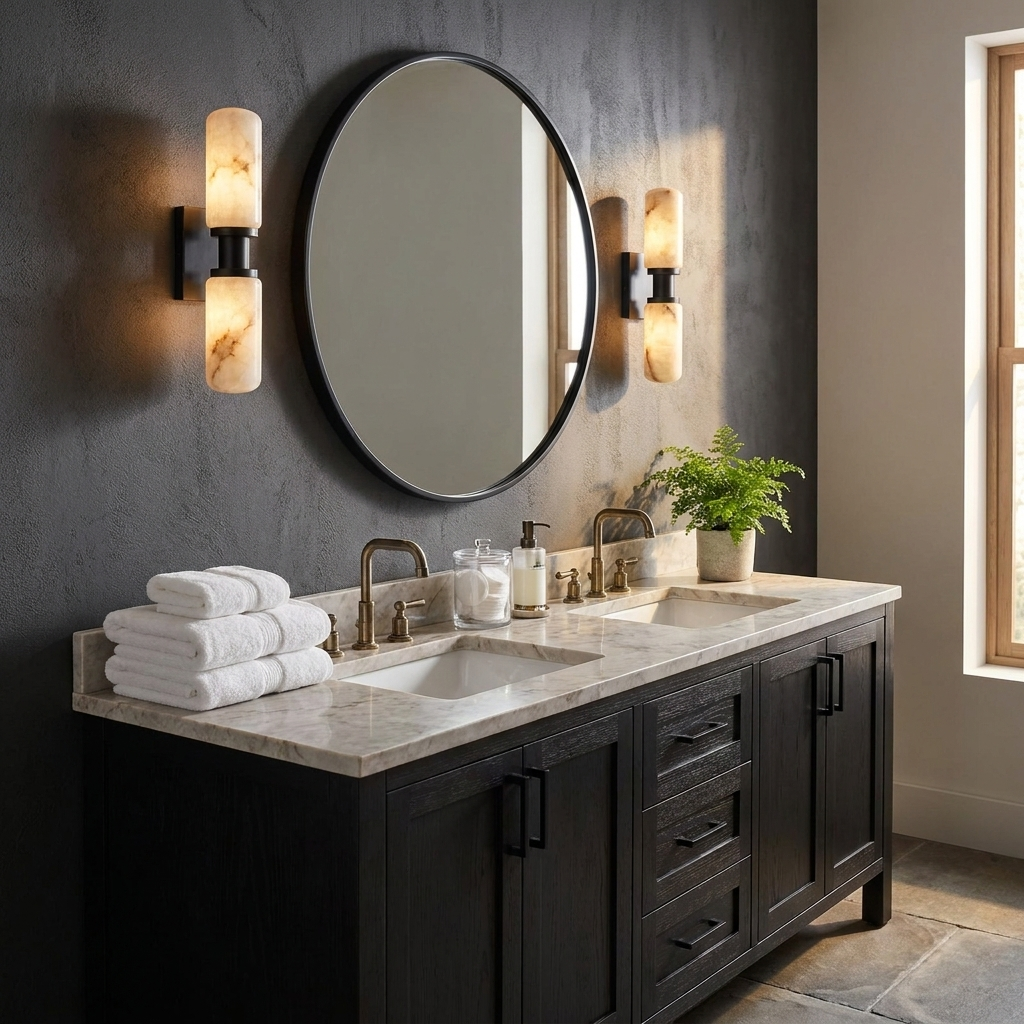 Bobbin Alabaster Wall Sconce — additional product view, two rounded stone cylinders joined by a spool-shaped metal hub (view 3)
