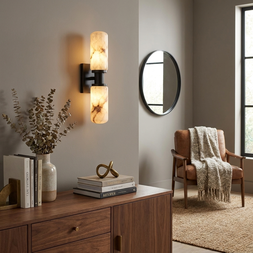 Bobbin Alabaster Wall Sconce — additional product view, two rounded stone cylinders joined by a spool-shaped metal hub (view 4)