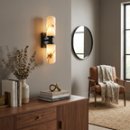 Bobbin Alabaster Wall Sconce — additional product view, two rounded stone cylinders joined by a spool-shaped metal hub (view 4)