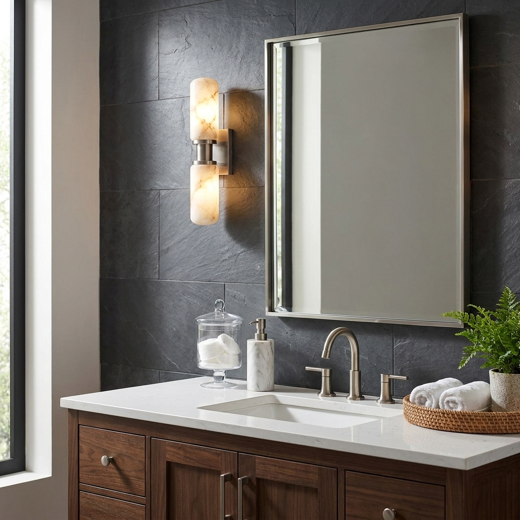 Bobbin Alabaster Wall Sconce — additional product view, two rounded stone cylinders joined by a spool-shaped metal hub (view 5)