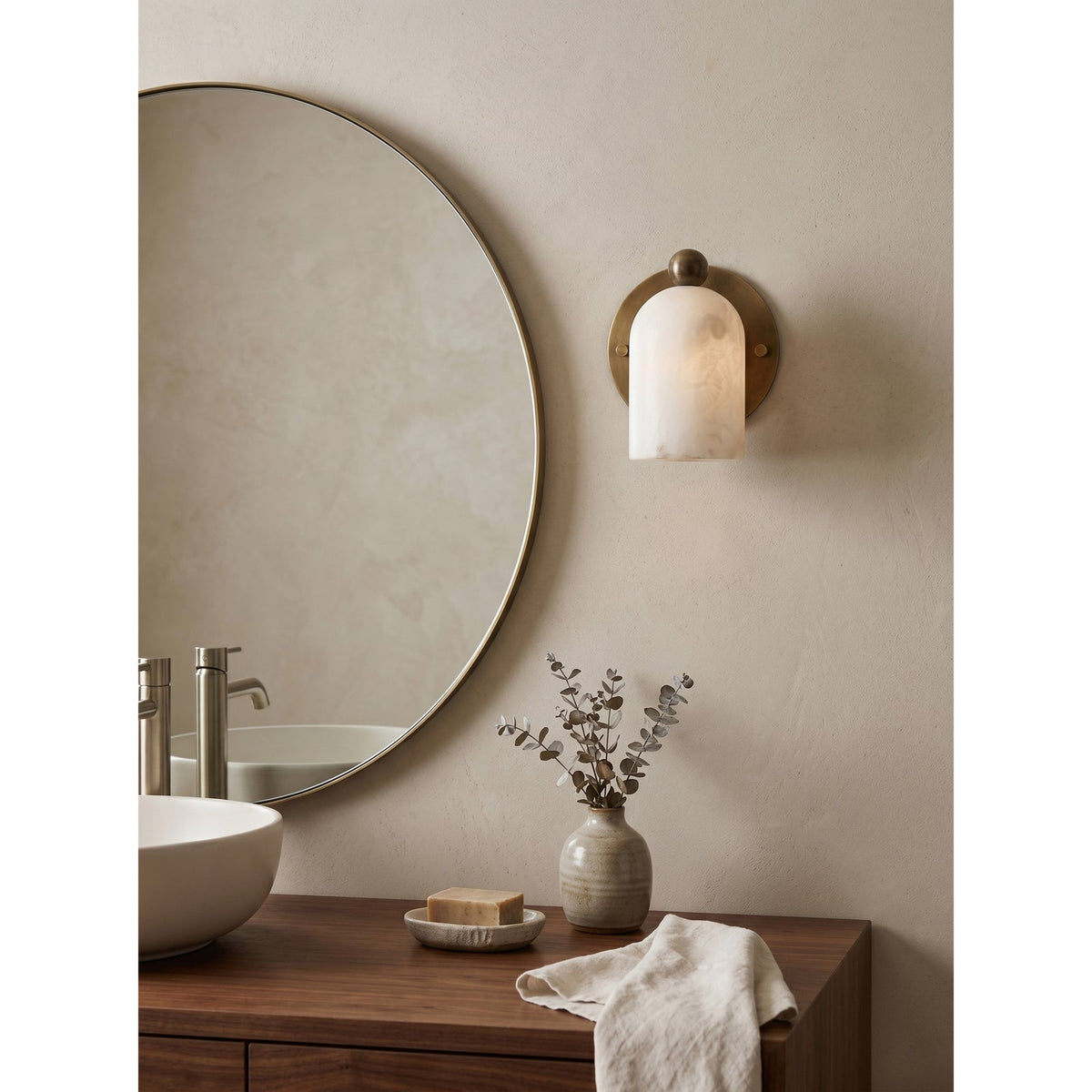Bombelles Alabaster Wall Lamp — additional product view, a domed stone shade against a round metal backplate (view 5)