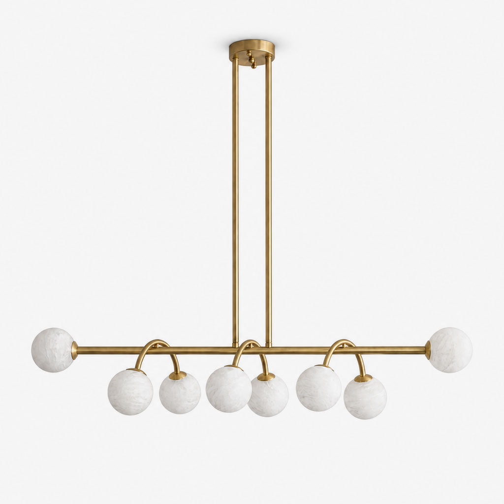 Bower Alabaster Chandelier — full fixture profile, globe shades along a straight bar with curved drop arms (view 1)