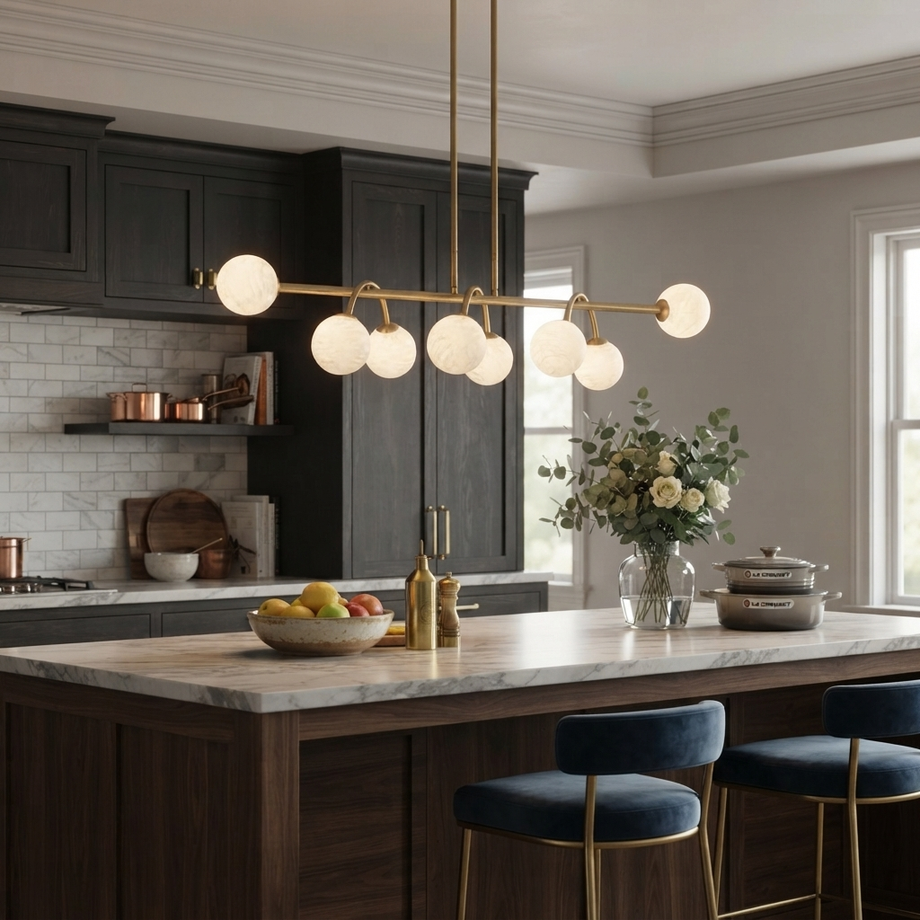 Bower Alabaster Chandelier — product setting and fixture profile, globe shades along a straight bar with curved drop arms (view 2)