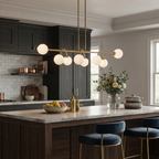 Bower Alabaster Chandelier — product setting and fixture profile, globe shades along a straight bar with curved drop arms (view 2)