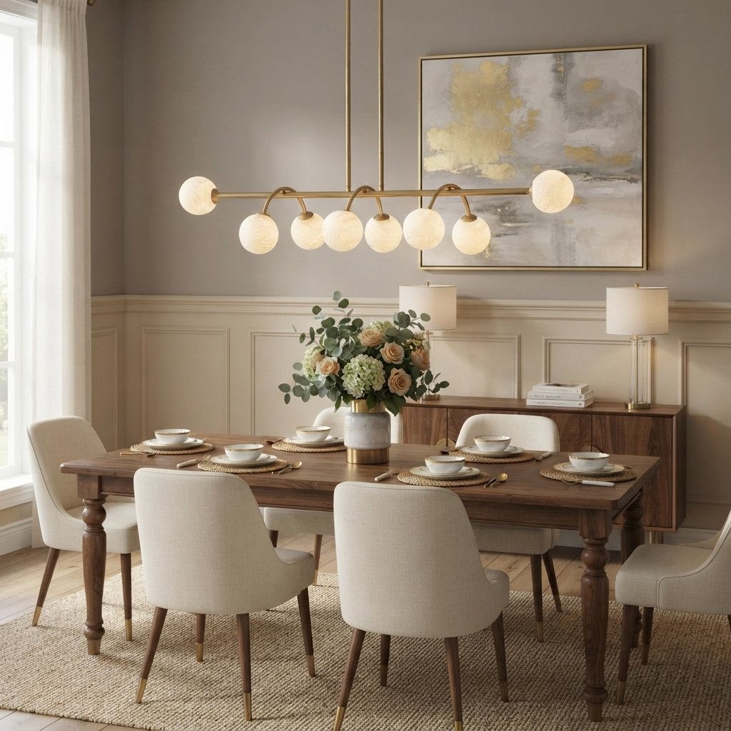 Bower Alabaster Chandelier — additional product view, globe shades along a straight bar with curved drop arms (view 3)