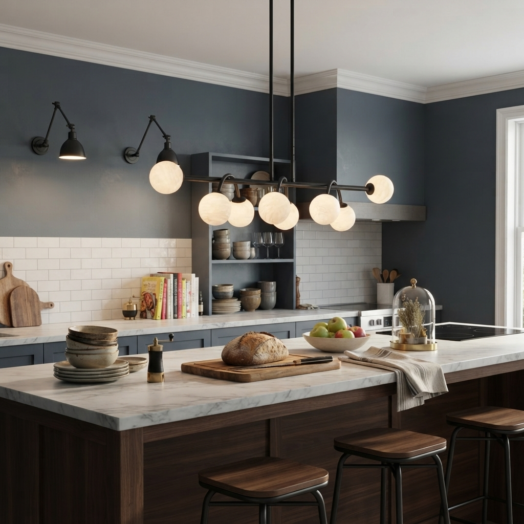 Bower Alabaster Chandelier — additional product view, globe shades along a straight bar with curved drop arms (view 4)