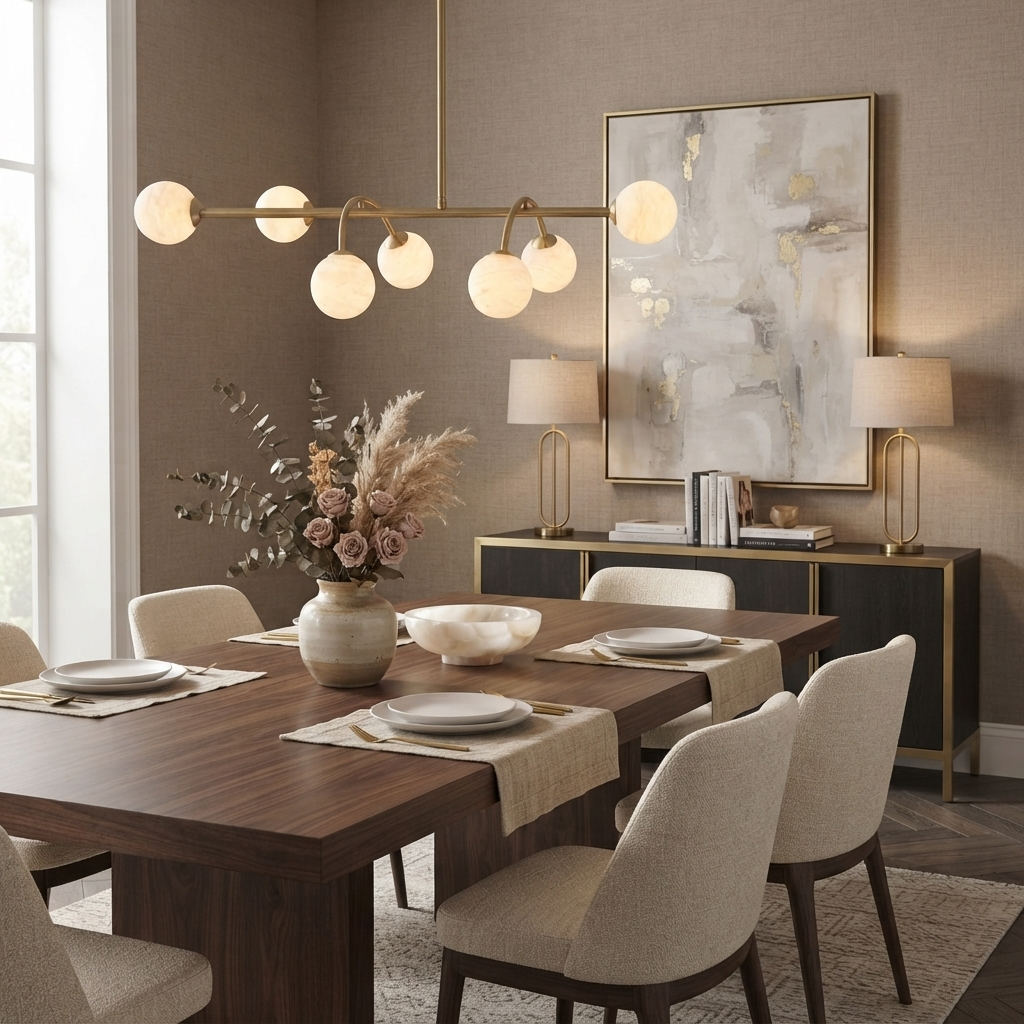 Bower Alabaster Chandelier — additional product view, globe shades along a straight bar with curved drop arms (view 5)