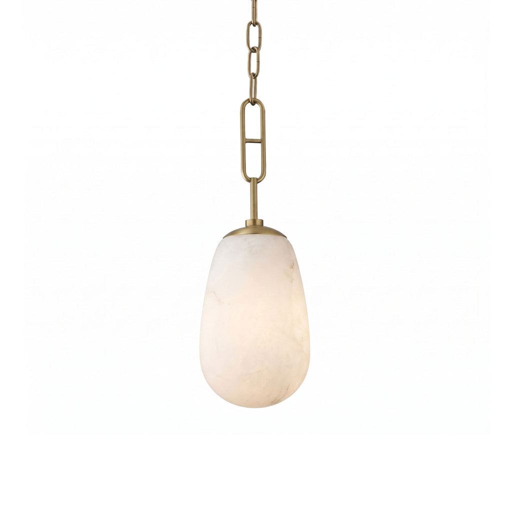 Bruckner Alabaster Pendant Lamp — full fixture profile, a teardrop-shaped stone shade on a brass link chain (view 1)