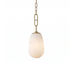 Bruckner Alabaster Pendant Lamp — full fixture profile, a teardrop-shaped stone shade on a brass link chain (view 1)