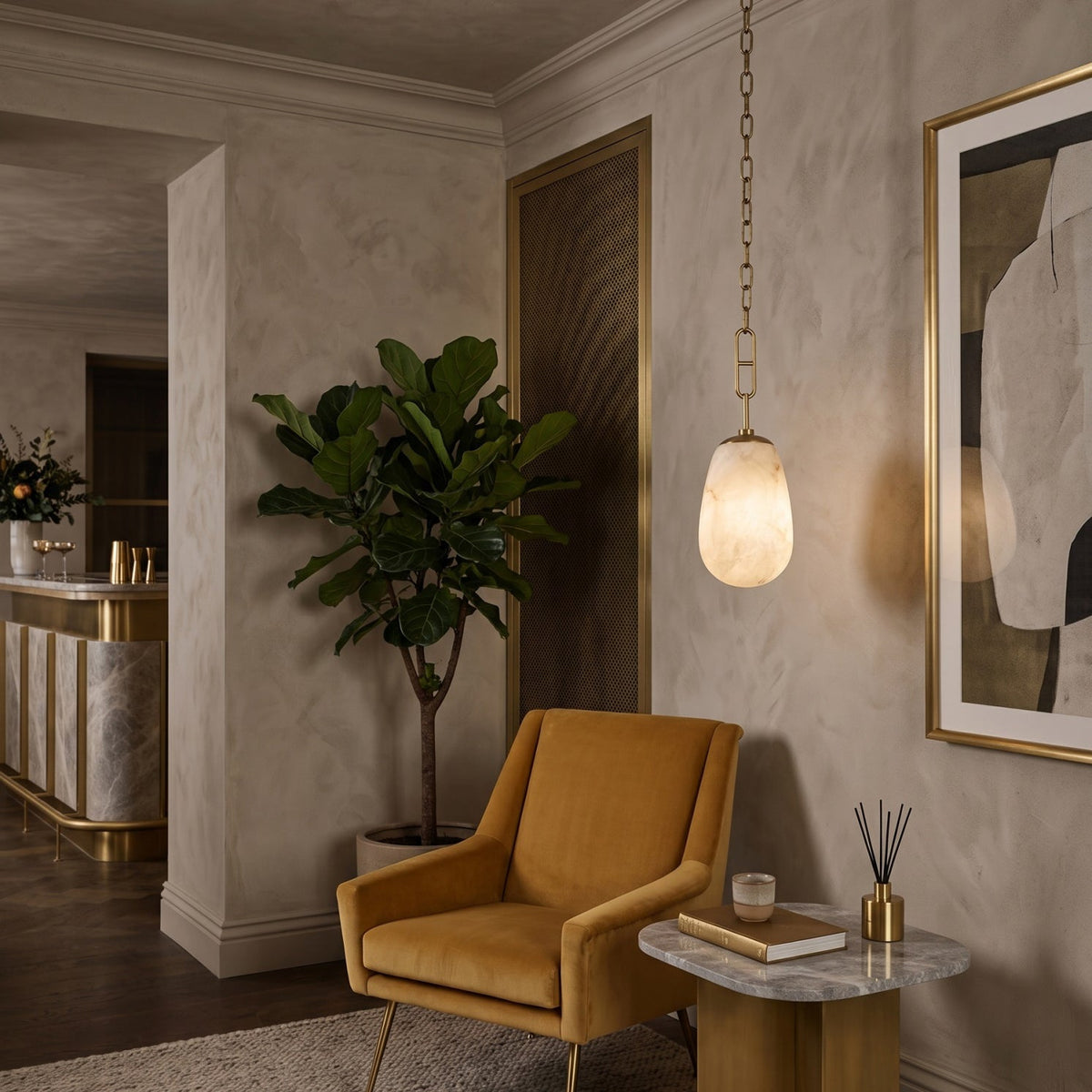 Bruckner Alabaster Pendant Lamp — additional product view, a teardrop-shaped stone shade on a brass link chain (view 3)