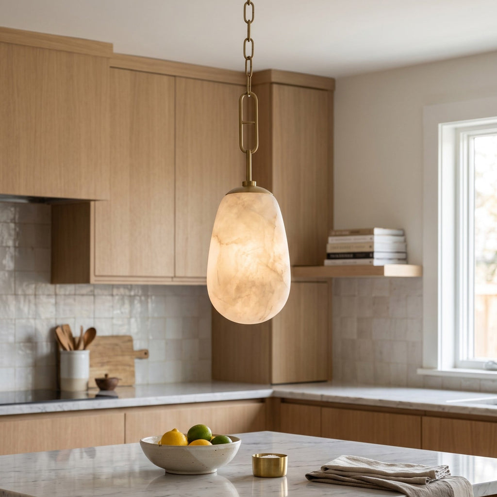 Bruckner Alabaster Pendant Lamp — additional product view, a teardrop-shaped stone shade on a brass link chain (view 5)