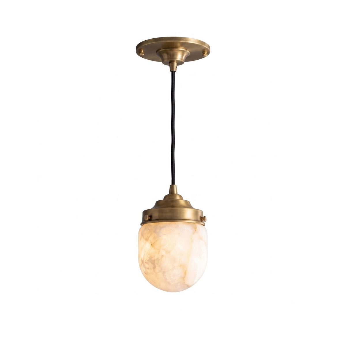 Dome-topped Alabaster Pendant Lamp — full fixture profile, a dome-topped stone shade beneath stepped brass hardware (view 1)