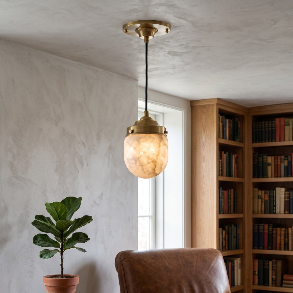 Dome-topped Alabaster Pendant Lamp — additional product view, a dome-topped stone shade beneath stepped brass hardware (view 4)