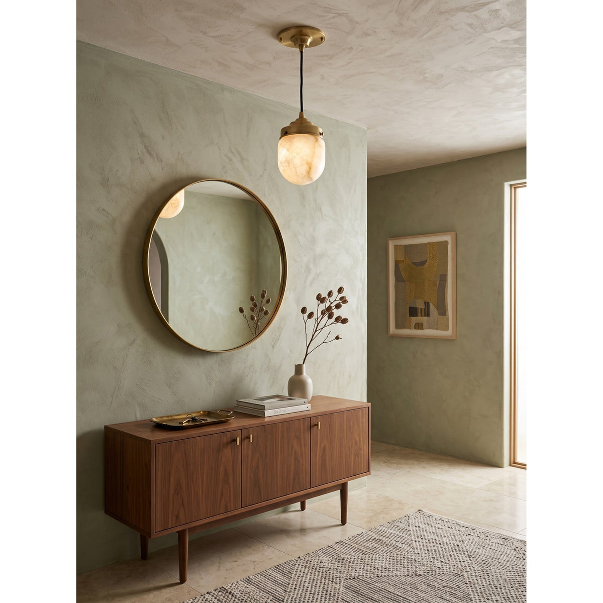 Dome-topped Alabaster Pendant Lamp — additional product view, a dome-topped stone shade beneath stepped brass hardware (view 5)