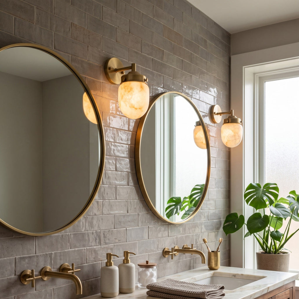 Bullet-shaped Alabaster Wall Sconce — product setting and fixture profile, a bullet-shaped stone shade within stepped metal fittings (view 2)